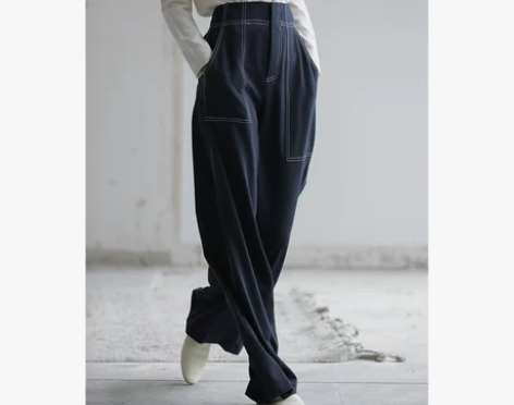 藏青色休闲裤女坠感高腰垂感显腿长阔腿裤港风...