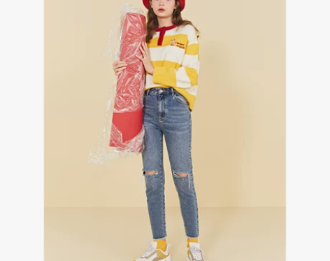 ?乐町破洞牛仔铅笔裤长裤复古2019新款女...