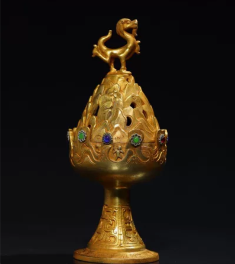 旧藏珍品 铜 鎏金   镶嵌宝石 【博山炉...