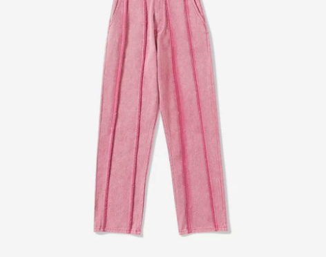 NECY双条压扁褶皱三色直筒牛仔裤女高街春...