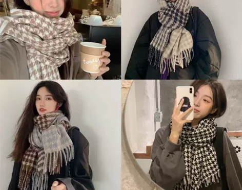 全新小红书同款围巾ins女学生韩版千鸟格情...