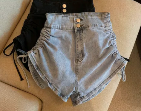 辣妹牛仔短裤女夏季2022新款设计感抽绳显...