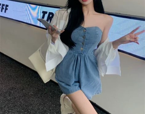 “黑色草莓”蓝色连体牛仔短裤女2022夏季...