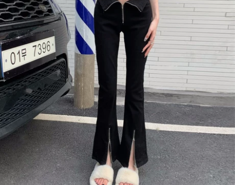 设计感小众拉链开叉微喇裤高腰直筒黑色牛仔裤...