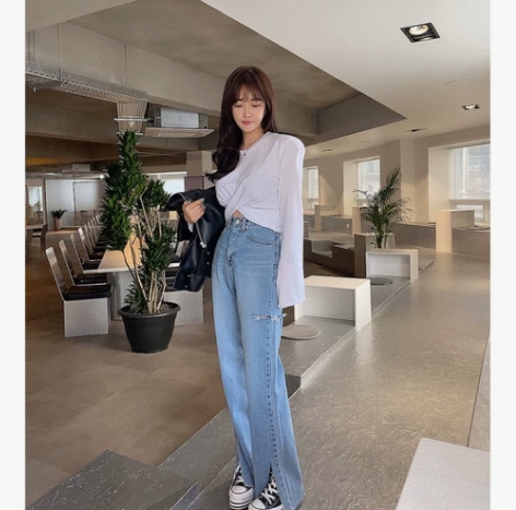 破洞牛仔裤女泫雅风新款开叉直筒垂感宽松版阔...