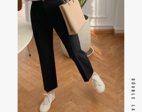 榴芒自制 黑色显瘦九分烟管裤春夏小直筒高腰...