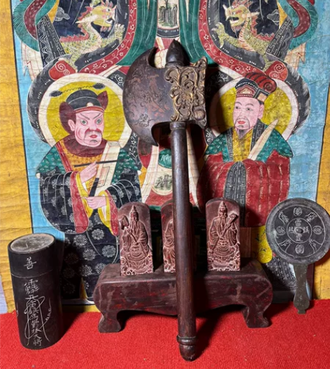 道门老物件清代鎏金双龙戏珠斧头镇坛镇宅老法...
