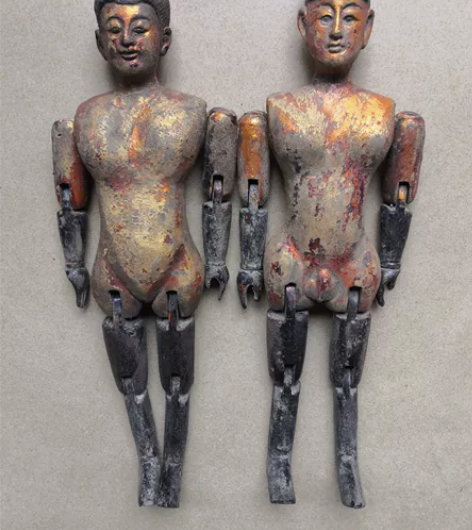 传统民俗手工艺木偶人摆件手工木雕人物鎏金活...