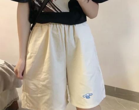 日系软妹松紧刺绣短裤夏季阔腿纯色百搭休闲松...