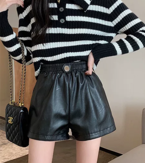 PU皮短裤外穿高腰配靴子高腰a字短裤阔腿裤...