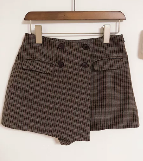 小宜定制YESWOMEN 复古格子双排扣高腰裙裤L码 尺码看...