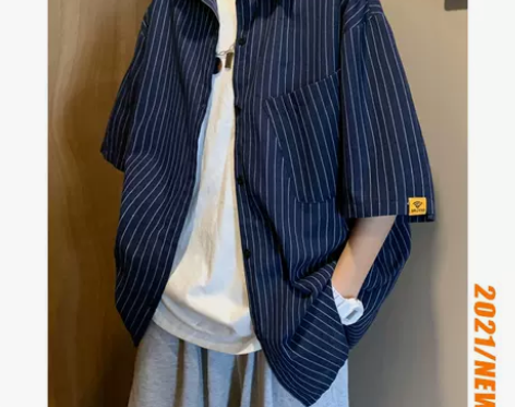 条纹短袖衬衫男日系ins潮牌薄款复古衬衣夏...
