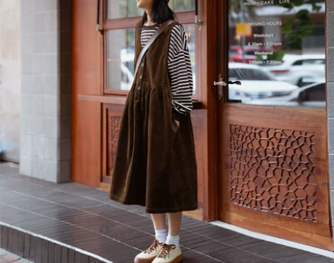 背带裙女春秋中长款大码新款灯芯绒宽松日系复...