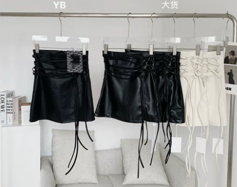 黑色绑带皮裙女秋性感辣妹高腰包臀裙开叉短裙...