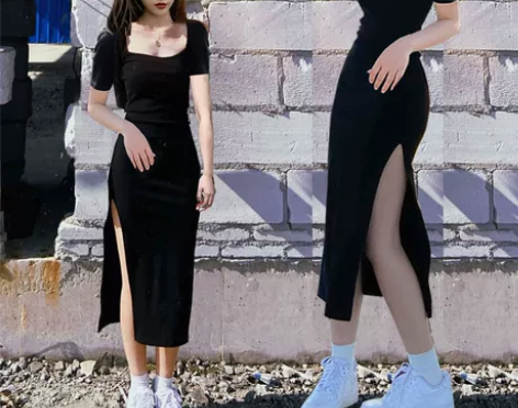 ?夏装开叉连衣裙性感收腰紧身辣妹纯欲风开衩...