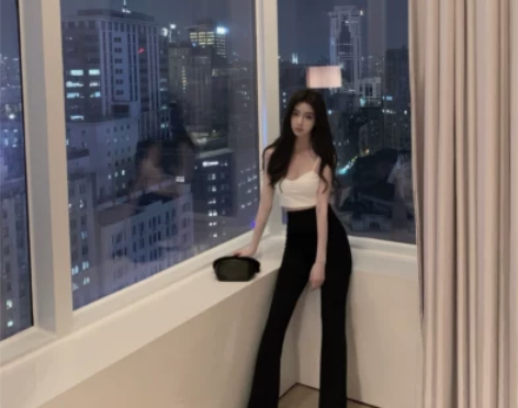 网红ins超火休闲裤女夏薄款高腰垂感显瘦黑...