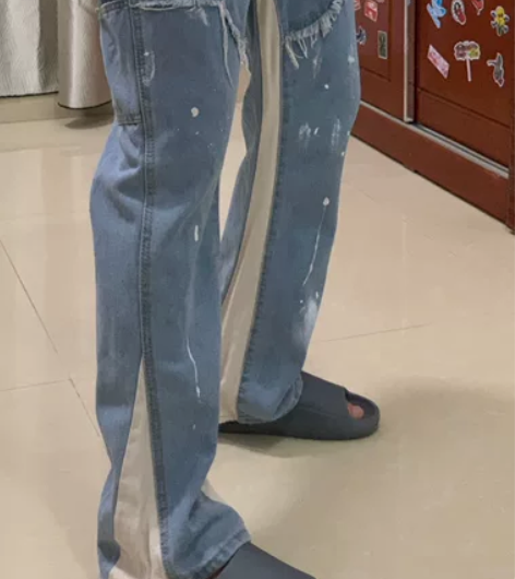 欧美高街泼墨喇叭vibe风松紧牛仔裤男，蓝...