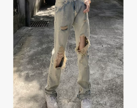 牛仔裤女2022年夏季薄款直筒破洞高腰宽松...