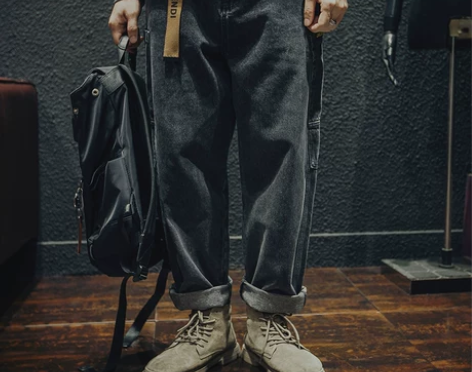 牛仔裤 牛仔长裤秋冬黑色直筒工装男加绒宽松...