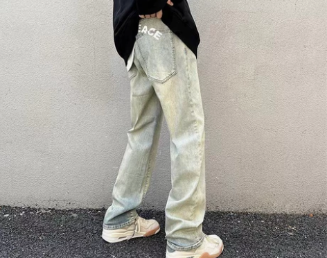 黄泥染牛仔裤男美式高街vibe做旧水洗潮流...