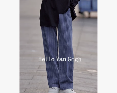 深蓝色竖条纹阔腿长裤高腰牛仔裤女直筒宽松2...