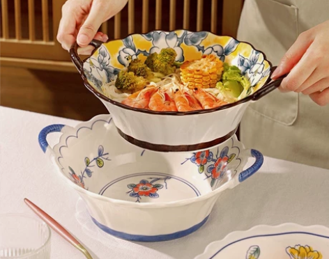 24.9元包邮 日式荷意花边双耳碗花篮碗沙...