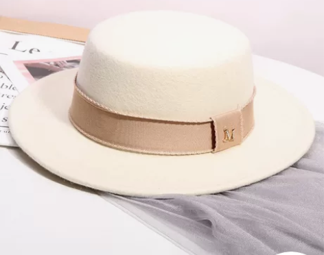 网红同款秋冬羊毛呢法式名媛白色平顶礼帽女英...