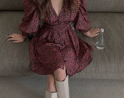 茶歇法式设计感小众御姐气质裙子轻熟风泡泡袖...