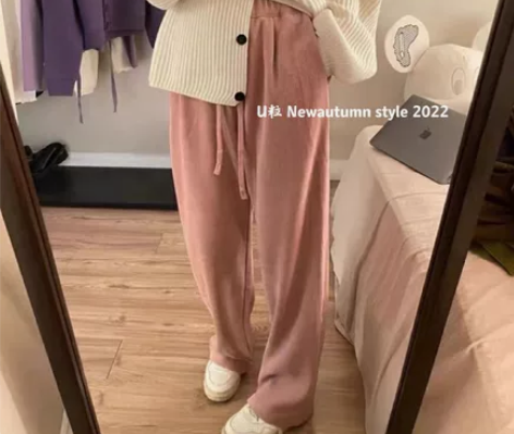 加绒粉色直筒休闲裤女2022秋冬季宽松加厚...