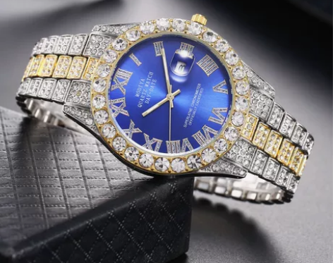 网红满钻面罗马刻度钢带手表 男士日历石英表...