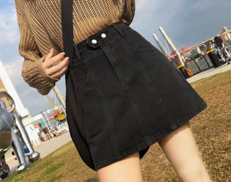 防走光泫雅牛仔半身裙裤女秋冬新款黑灰色高腰...