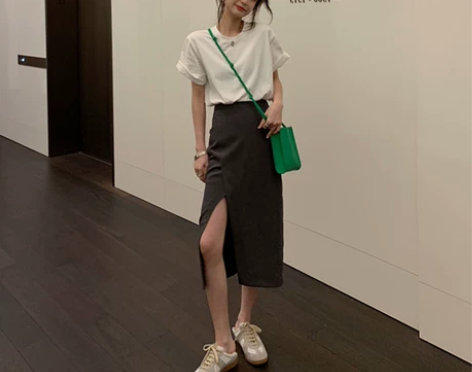 灰色开叉半身裙女2022年夏季中长款高腰显...