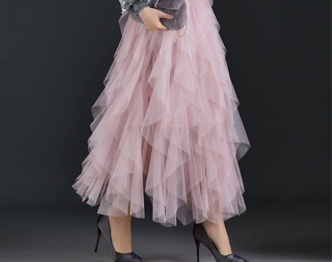 网纱半身裙女秋冬中长款裙子多层次百褶裙不规...