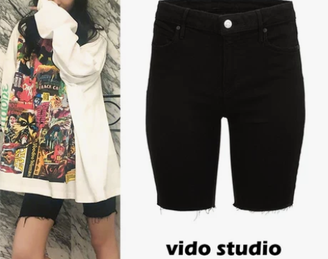 杨幂同款黑色毛边紧身弹力外穿牛仔短裤百搭5...