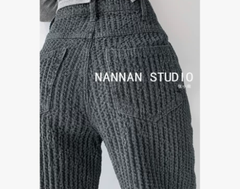 复古小众潮品空气感编织牛仔裤女显瘦高腰直筒...