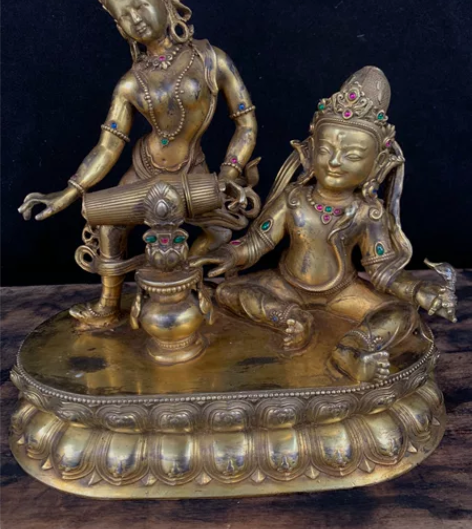藏传佛像尼泊尔纯铜鎏金工艺双佛 尺寸：长2...
