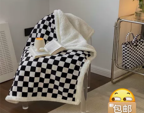 【全新正品】棋盘格珊瑚绒午睡毯法兰绒毛毯盖...