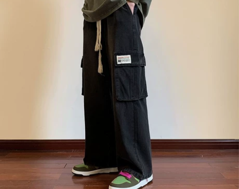 黑色工装牛仔裤男美式高街水洗夏季宽松直筒裤...