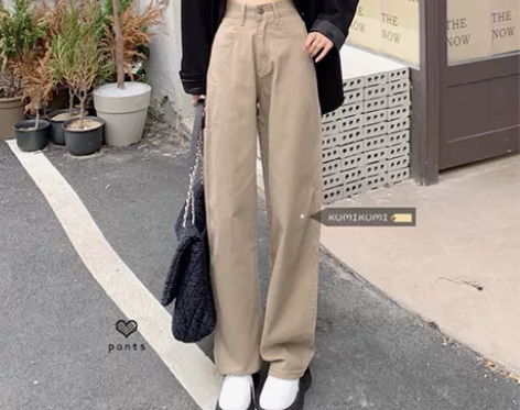 卡其色牛仔裤女高腰裤子显瘦百搭直筒裤开秋季...