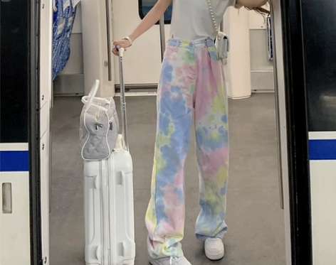 彩虹扎染高腰阔腿牛仔裤女宽松显瘦直筒春夏季...
