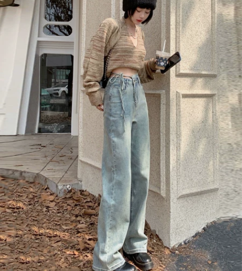温姗美式复古不规则做旧高腰牛仔裤女秋冬阔腿...