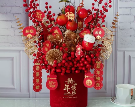 春节装饰摆件发财果红果仿真花艺元旦过年一整...