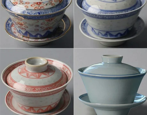 景德镇青花加彩双线红玲珑盖碗泡茶碗三才茶碗...