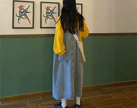 慵懒风大码牛仔背带裙女春季新款韩版中长款宽...