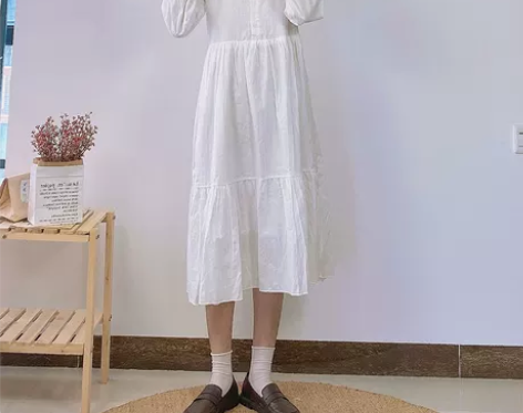 日系白色娃娃领学院风连衣裙女秋季长袖长款森...