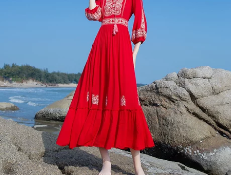 【狂欢价】2021新款裙子春秋复古红色连衣...