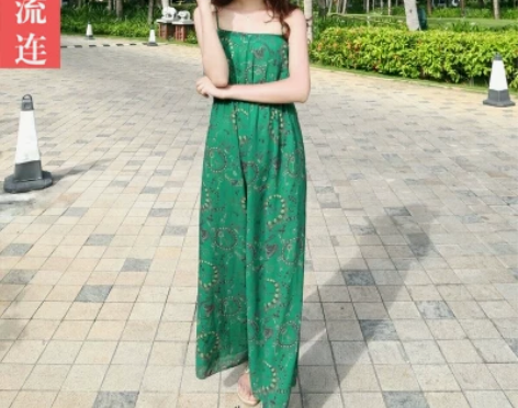 吊带翠绿抹胸碎花印花大码雪纺连体连衣裤拖地...