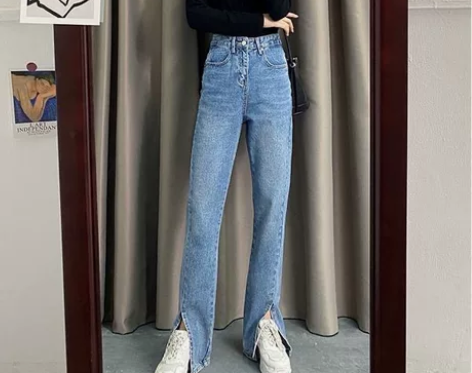 显高开叉牛仔裤女2022年新款春秋高腰显瘦...