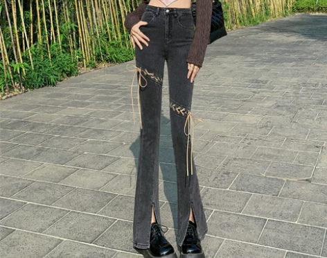 微喇叭开叉牛仔裤女弹力2022年春秋新款高...