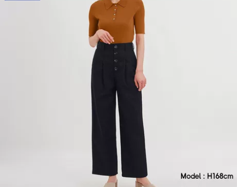 GU极优女装卡其高腰前排扣阔腿裤2020时...